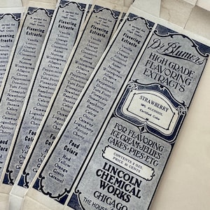 May include: Vintage Dr. Blumer's High Grade Flavoring Extracts boxes. The boxes are white with navy blue text and graphics. The boxes list various flavor extracts, including strawberry, and state the contents are 2 oz.
