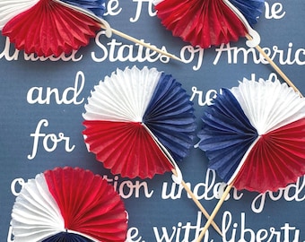 Red White Blue Patriotic Honeycomb Fans, 4th of July Party Picks