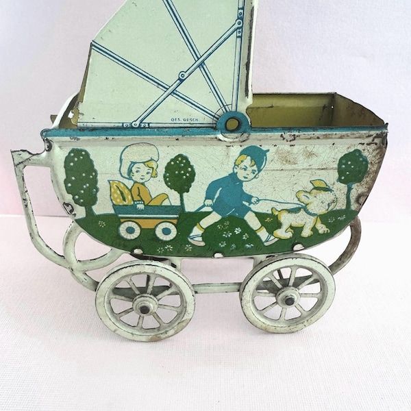 Antique German Litho Tin Toy Doll Carriage Collectible