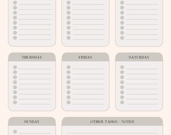 Könnte beinhalten: Eine druckbare Reinigungscheckliste mit grauem Hintergrund und weißem Text. Die Checkliste ist in sieben Abschnitte unterteilt: Montag, Dienstag, Mittwoch, Donnerstag, Freitag, Samstag und Sonntag. Jeder Abschnitt enthält eine Liste von Aufgaben, die zu erledigen sind. Es gibt auch einen Abschnitt für andere Aufgaben und Notizen.