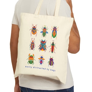 Facilmente distratto dagli insetti, borsa tote con insetto, tote entomologia, colorata, trendy, primavera, estate, borsa tote in tela di cotone