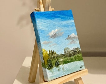 Hand-painted Landscape On a Mini Canvas + Wooden Easel