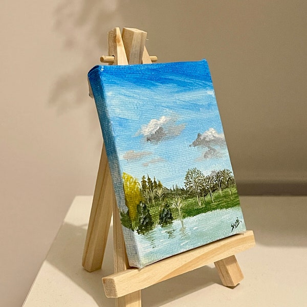 Hand-painted Landscape On a Mini Canvas + Wooden Easel