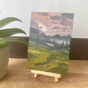 Original Landscape Painting | Pink Skies | Small Canvas Board Nature love mountains sky house office birthday Gift handmade desk decor pink
