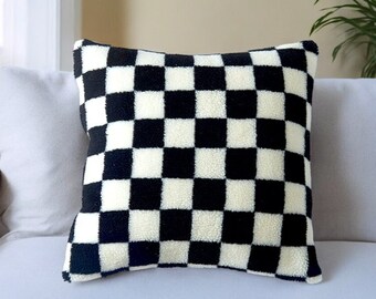 Checker Pillow Fleece, Checkered Plaid Cushion Cover, Checkerboard Pillow, Modern Checkerboard Velvet Cushion Cover, Home Sofa Decor