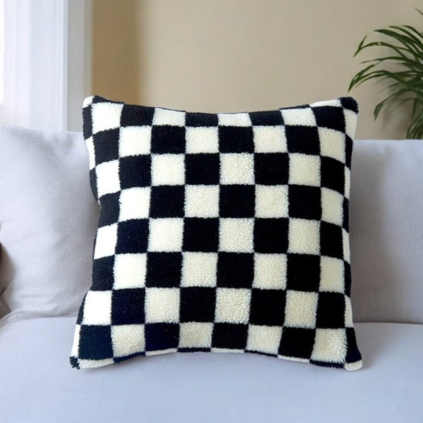 Checker Pillow Fleece, Checkered Plaid Cushion Cover, Checkerboard Pillow, Modern Checkerboard Velvet Cushion Cover, Home Sofa Decor