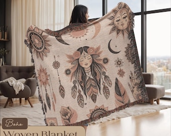 Manta tejida bohemia: manta celestial, tapiz vintage, acogedor regalo de decoración del hogar bohemio