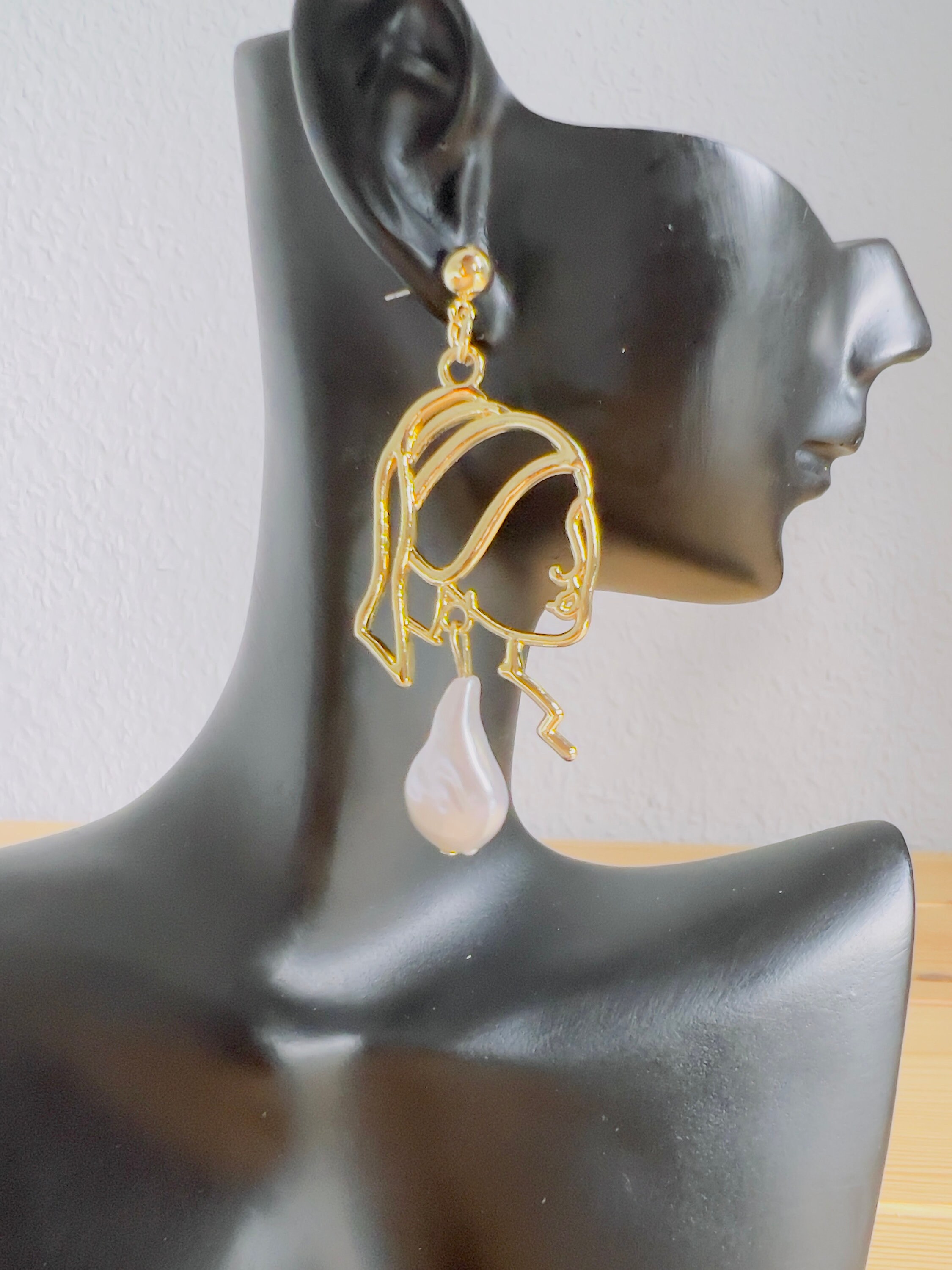 Abstract Face with Faux Pearl Drop Earrings | African Jewelry | Elegant Earrings for Women| Statement Piece | Artistic Design| Gifts for Her