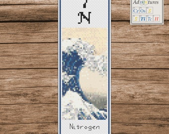 Nitrogen Great Wave off Kanagawa Bookmark Cross Stitch Pattern: Periodic Table Design (PDF Download)