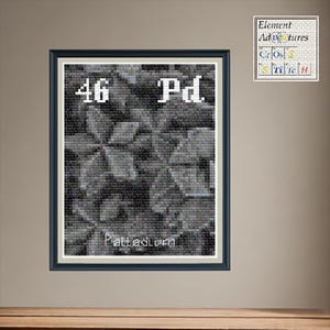 May include: Framed artwork featuring the element Palladium (Pd) with atomic number 46. The image has a grayscale floral pattern background. The text "Palladium" is at the bottom. A small square with text "Element Adventures Cross Stitch" is in the upper right corner.