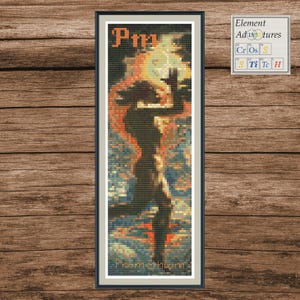 May include: A cross-stitch pattern depicting a silhouette of a person holding a glowing orb, with the text "Promethium" and "Element Adventures" at the bottom. The background is a colourful abstract design.