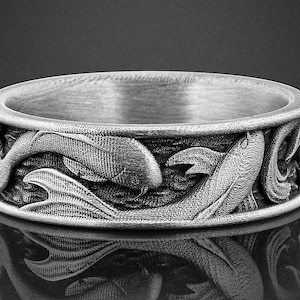 Silver Koi Fish Band Ring For Men, Japanese Inspired Koi Design, 925 Sterling Silver Statement Ring, Unique Fish Pisces Jewelry Gift Her