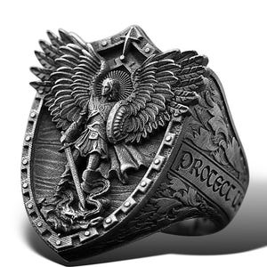 Archangel Signet Rings For Mens Gift For Husband or Dad St Michael Archangel Ring Sterling Silver Christian Ring Religious Catholic Jewelry