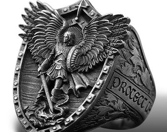 Anillo de sello de San Miguel Arcángel en plata de ley, joyería religiosa cristiana