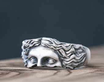 Aphrodite Face Ring, Oxidized Sterling Silver Greek Mythology Ring