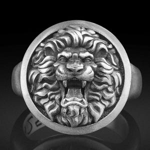 Lion Signet Ring – Angry Lion Handmade Sterling Silver Pinky Ring for Men, 3D Lion Head Jewelry, Leo Zodiac Ring, Animal Lovers Gift for Him