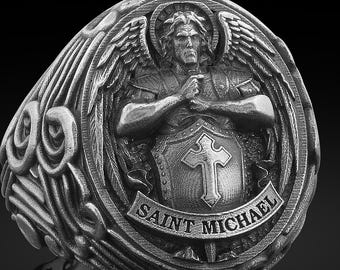 Anillo de sello de San Miguel Arcángel, plata de ley 925 oxidada, joyería católica