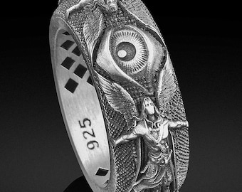 Archangel Michael Ring, St. Michael Protection Band, Sterling Silver Religious Ring Christian Mens Ring Guardian Angel Jewelry Gift Husband