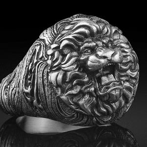 Angry Lion Handmade Signet Ring Sterling Silver 3D Lion Head Pinky Ring Leo Zodiac Jewelry Silver Animal Ring for Men Jewelry Gift Him