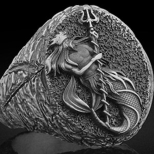 Greek God Poseidon Signet Silver Ring, Greek Mythology Men Jewelry, Poseidon with Trident Ring, Sea God Gift For Best Friend or Husband Dad