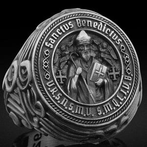 St Benedict Exorcism 925k Men Signet Ring Saint Benedict Silver Ring For Dad Husband Unique Medal Cross Christian Religious Jewelry Gift Him
