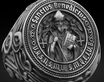 St Benedict Exorcism Ring, 925k Silver Signet, Christian Medal