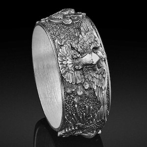 Silver Dove Ring, 925 Mens Wedding Ring, Sterling Pigeon Ring, Bird Engagement Band, Peace Symbol Jewelry Gift for Him, Woman Dove Ring Her