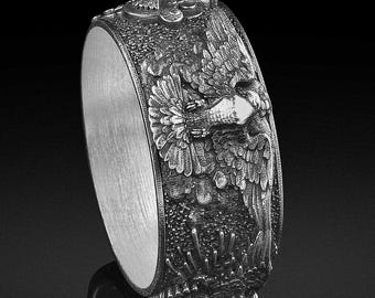 Anillo de paloma de plata de ley oxidada, banda de pájaro 925