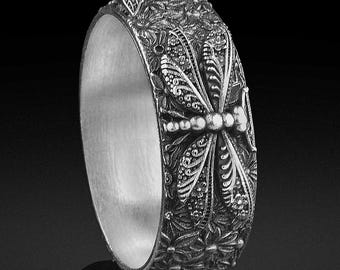 Oxidized Sterling Silver Dragonfly Band Ring, Boho Jewelry