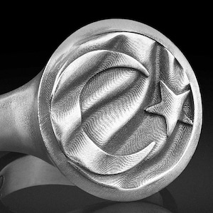 Islamic Symbol Star and Crescent Moon Men&#39;s Signet Silver Ring, Silver Islamic Jewelry, Muslim Gift for Him, Crescent Moon Star Faith Ring