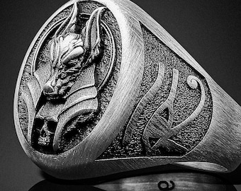 Oxidized Sterling Silver Anubis Ring, Egyptian Mythology Jewelry