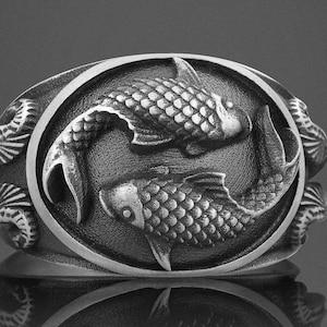 Japanese Koi Fish Sterling Silver Mens Ring, Silver Good Luck Carp Pisces Wedding Ring for Mens, Engraved Koi Fish Band Ring for Boyfriend