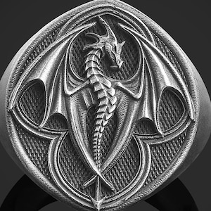 Bague fait main dragon ailé, cadeau bijoux pour amoureux des dragons, chevalière gothique pour homme, bague créature mystique pour homme, chevalière dragon pour papa