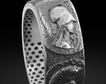 Sterling Silver Athena Ring, Greek God Minerva Band, Ancient Jewelry
