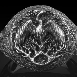 Phoenix Signet Ring for Men Sterling Silver – Winged Mythology Firebird Jewelry Gift, Modern Unisex  Pinky Ring, Flame Bird Symbol Ring Gift