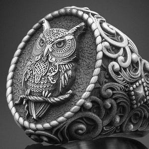 Handmade Owl Signet Silver Ring, Classic Cool Birds of Prey Ring, Engraved Animal Silver Men Ring, Pinky Bird Ring, Gift Rings For Husband