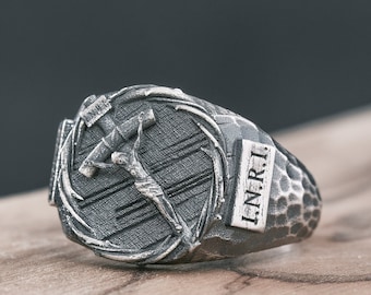 Crown of Thorns Signet Ring Silver Jesus Cross Pinky Ring Cool Male Christian Catholic Religious Ring Hammered Textured Personalized Ring