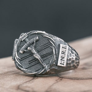 Corona de espinas Anillo de sello Plata Jesús Cruz Anillo meñique Cool Masculino Cristiano Católico Anillo religioso Martillado Texturizado Anillo personalizado