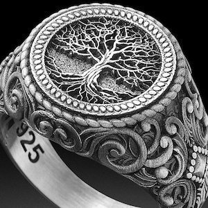 Mens Tree Of Life Ring, Sterling Silver Yggdrasil Ring, Handmade Family Tree Signet Ring, Spiritual Statement Ring, Gift For Husband or Dad