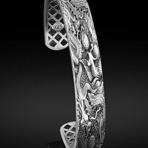 Phoenix Cuff Bracelet Men Dragon Bangle Jewelry Firebird Gift For Boyfriend Oxidized Sterling Mystical Bracelet Man Silver Gift Dad Husband