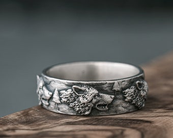 Oxidized Sterling Silver Wolf Ring, Handmade Animal Band
