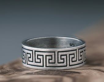 Greek Pattern Male Band Ring, Cool Grecian Meander Rings For Boyfriend, Promise Engagement Wedding Rings For Men Jewelry Gift Ancient Pinky