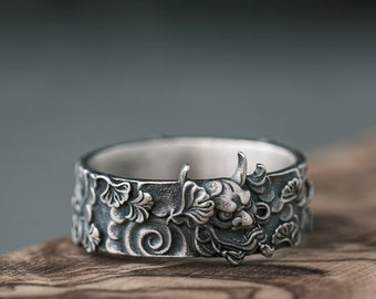 Oxidized Sterling Silver Oni Mask Ring, Japanese Samurai Ring