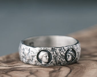 Sculpted Greek Heads Sterling Silver Ring, Handmade Thumb Band