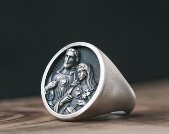Handmade Oxidized 925 Silver Holy Mother and Jesus Ring