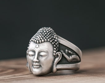 Oxidized Sterling Silver Buddha Ring, Yoga Spiritual Jewelry