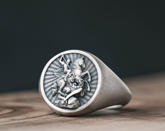 Anillo de dragón de San Jorge, plata de ley oxidada, joyería religiosa