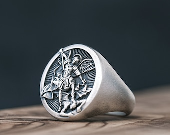 Sterling Silver Archangel Michael Signet Ring, Religious Jewelry