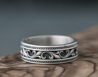 Silver Victorian Leaf Promise Ring For Boyfriend Sterling Floral Ornament Wedding Band Unique Baroque Ring For Mens Pinky Engagement Ring