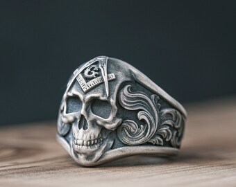Oxidized Sterling Silver Skull Ring, Freemason Biker Signet